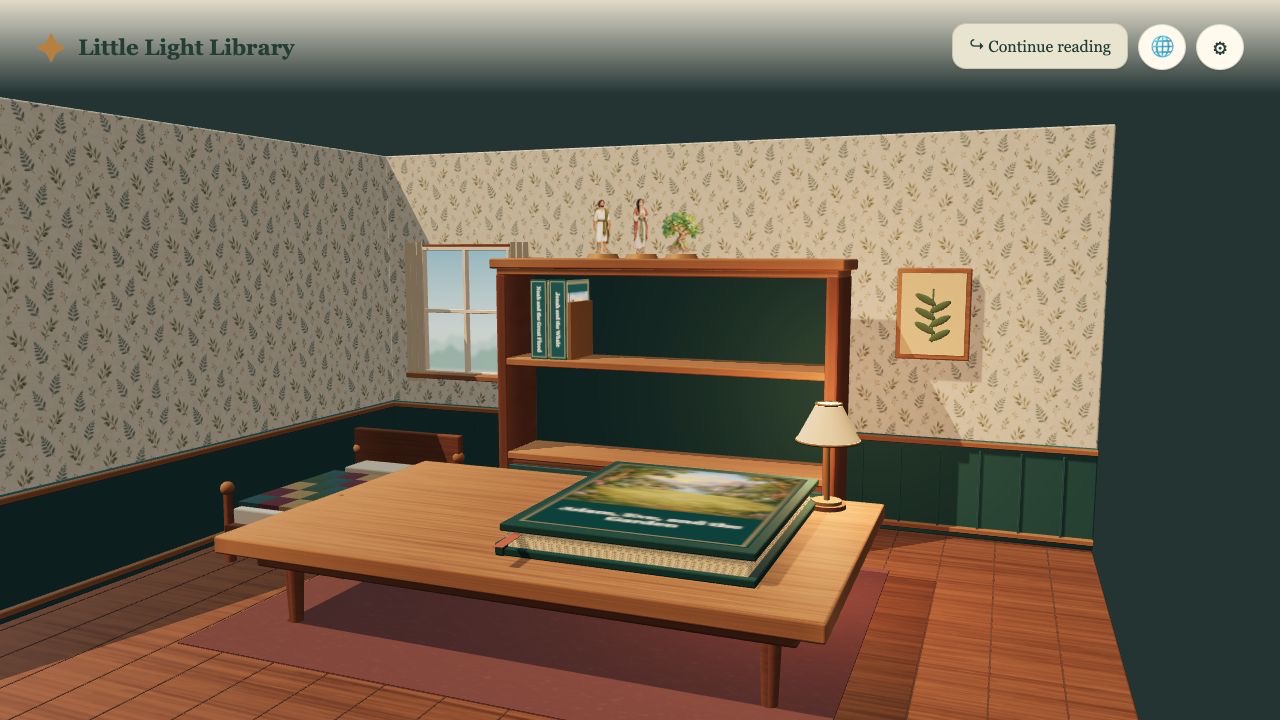 The closed Adam and Eve storybook rests cover-up on the table, with Adam, Eve and a tree toy on the top shelf in the Little Light Library room.