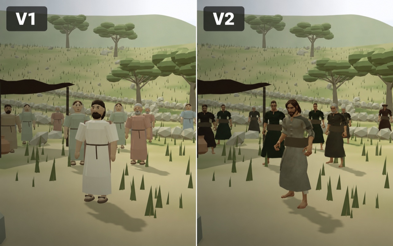 Same player view of Jesus and the crowd: V1 Blender models on the left, V2 free models on the right