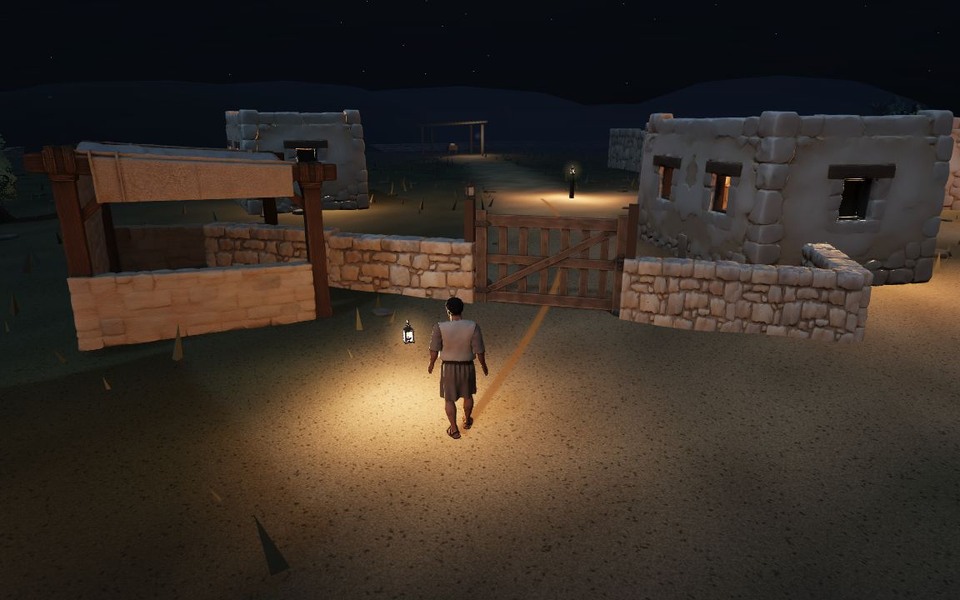 A shepherd carrying a glowing lantern faces the timber gate and lamplit stone walls of the sleeping market
