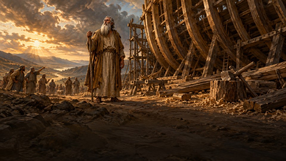 Illustrative painting of Noah beside the wooden framework of the ark, from the Story Diorama demonstration